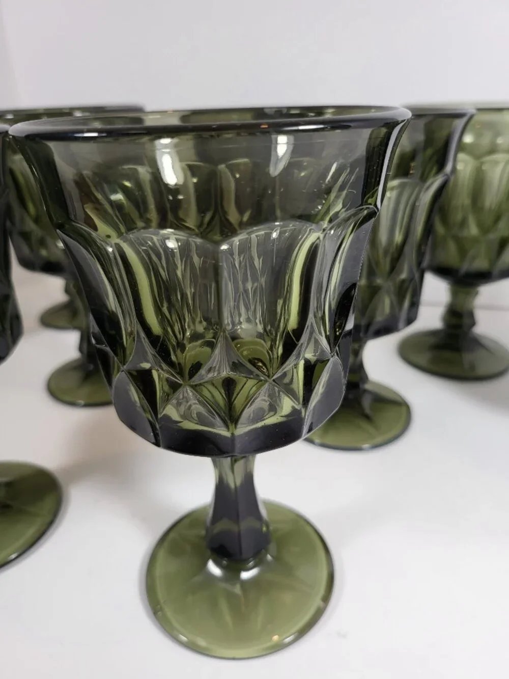 Set of 9(5 Water,4 Wine)1970s Mid Century Modern Avocado Green Pressed Glass Ste